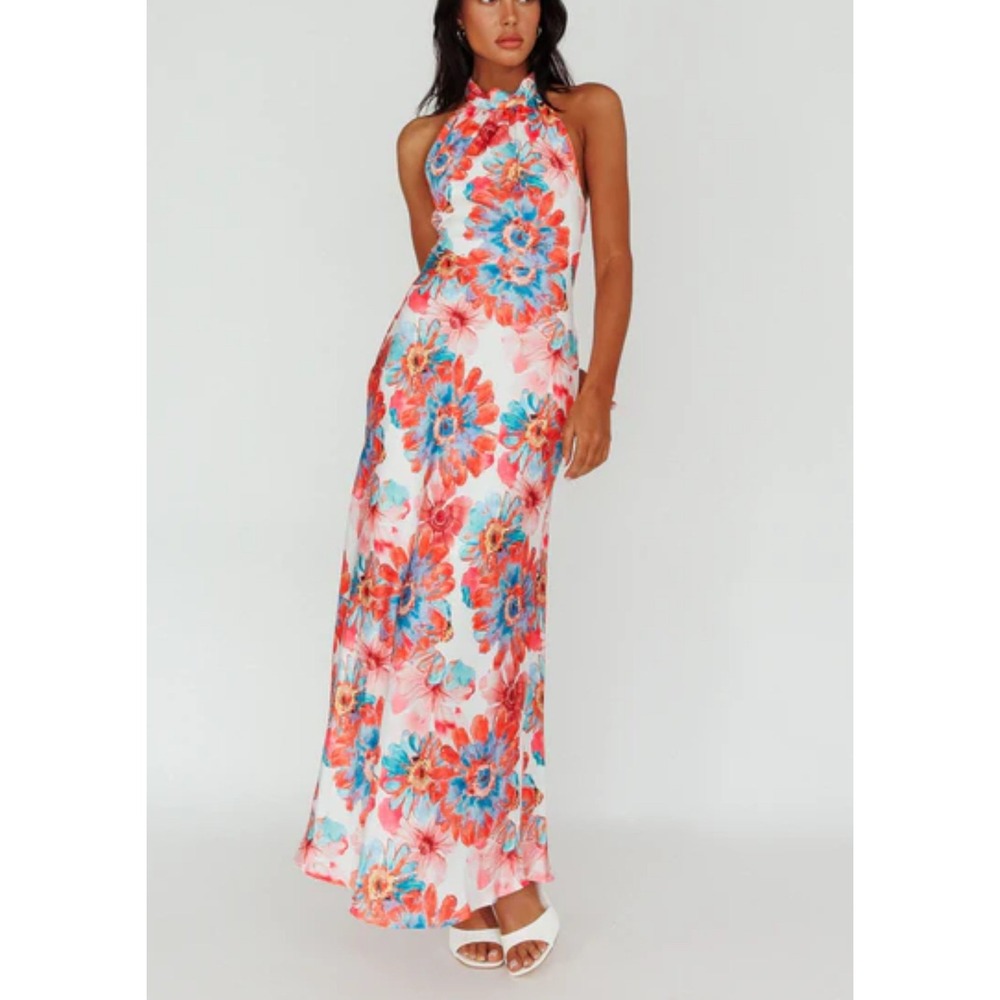 Here Comes The Sun Floral Halter Maxi Dress Pink Blue XS NWT 64012B02